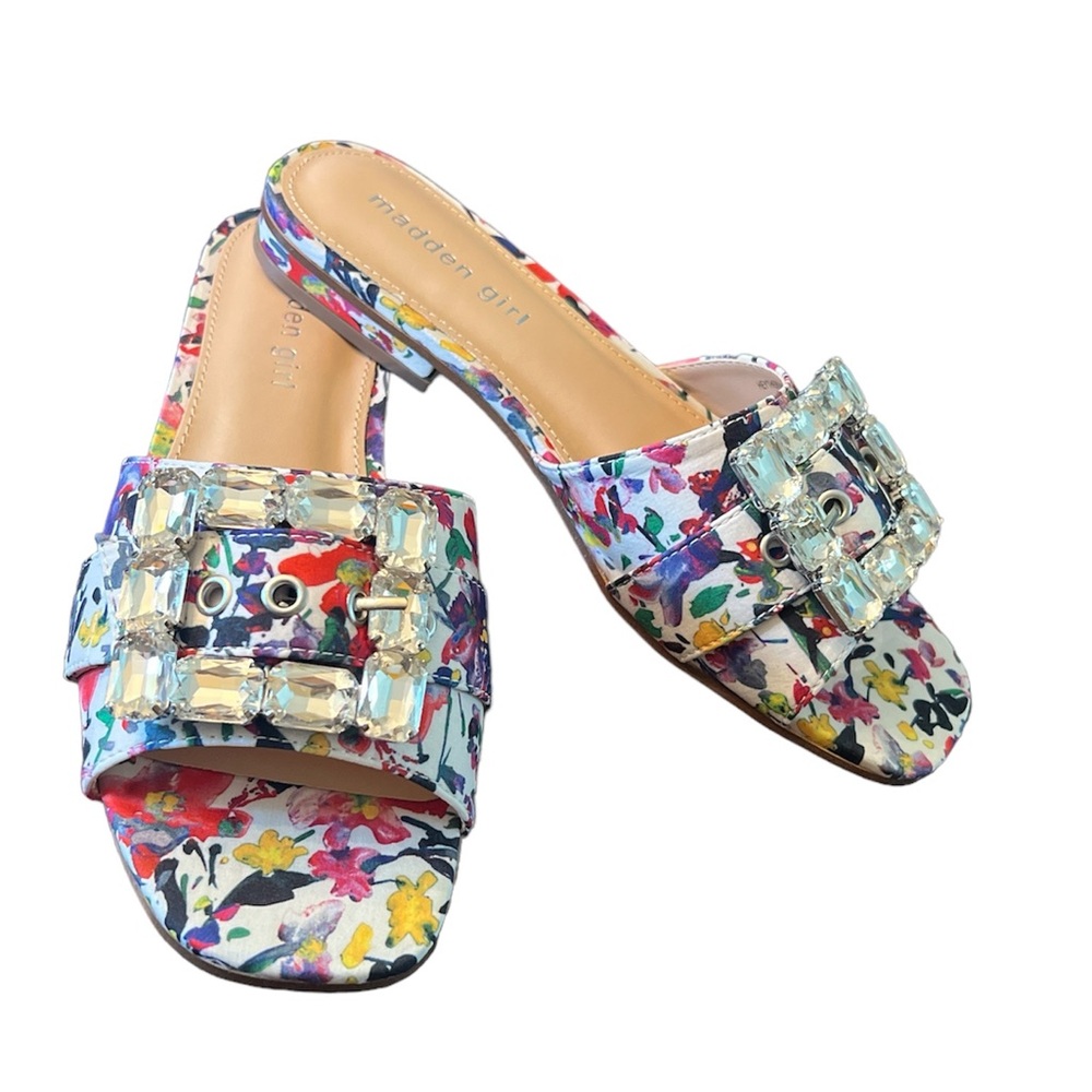 Madden Girl Heythere Floral Rhinestone Buckle Slide Sandals Size 7.5 NEW